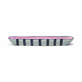 Rectangular ceramic tray with pink interior and blue and white striped exterior on a white background