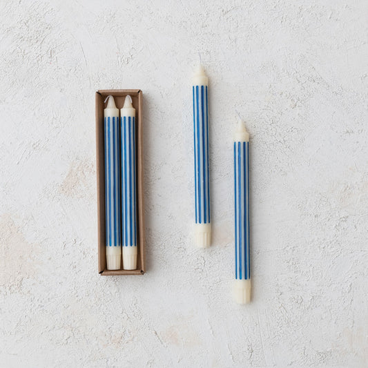 Blue Striped Taper Candle Set