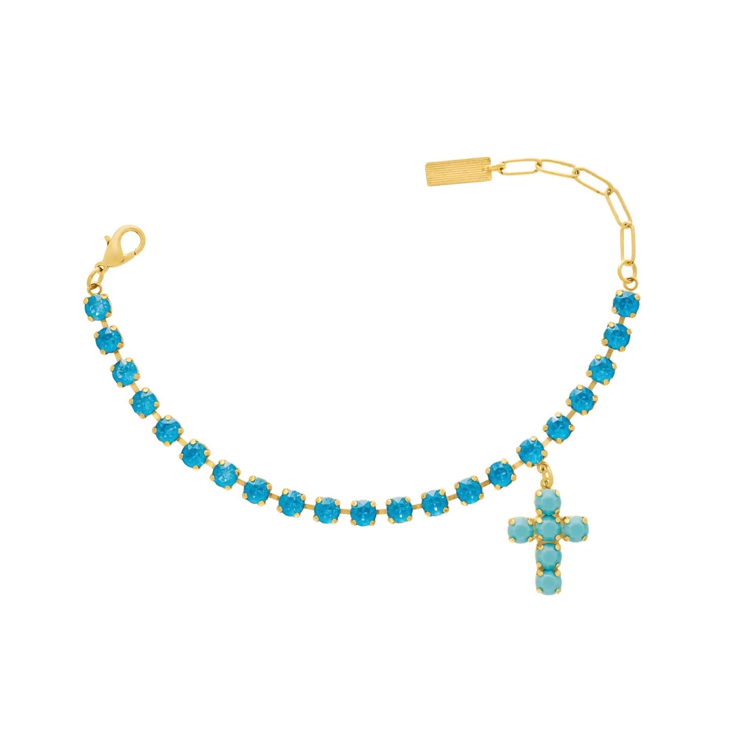 Gold anklet with turquoise stones and a cross charm on a white background