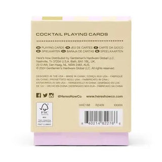 Back of a cocktail playing card box with text and branding.