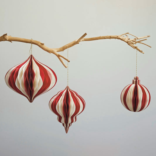 Red/White Honeycomb Paper Ornaments, 2 Styles