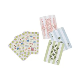 Set of playing cards with colorful designs on a white background