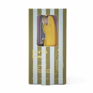 Yellow product in a striped packaging box on a white background