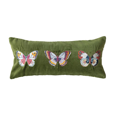 Embroidered Butterflies Green Velvet Lumbar Pillow & Chambray Back