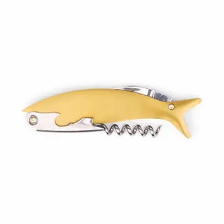 Yellow corkscrew shaped like a fish on a white background