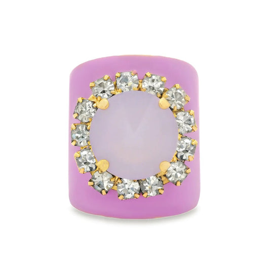 Pink square-shaped earring with gold accents and clear stones on a white background
