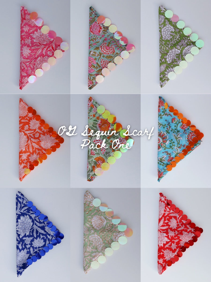 A 3x3 grid showing nine triangular scarf designs from O'Neill Scarf Pack One, each with a different floral or paisley pattern and scalloped edges, arranged on a light gray background with a central text overlay.