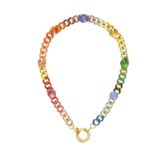 A gold-tone chain necklace embellished with faceted gemstone links in a rainbow color gradient, featuring a gold lobster clasp at the bottom, shown on a plain white background.