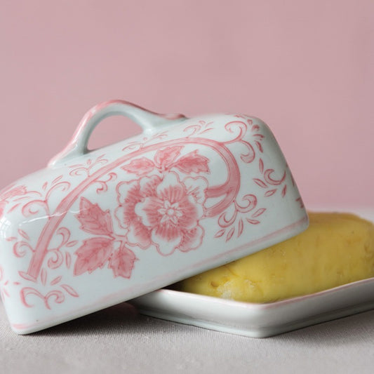 Pink + White Vintage Ceramic Butter Dish