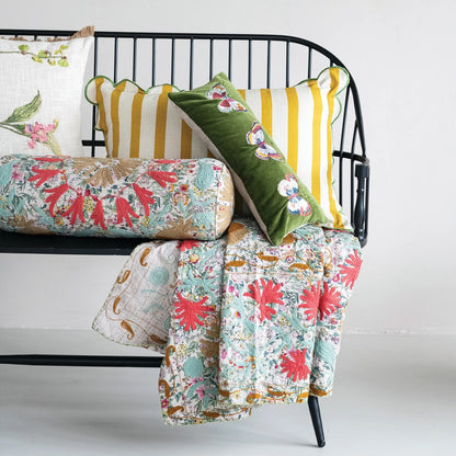 Embroidered Butterflies Green Velvet Lumbar Pillow & Chambray Back