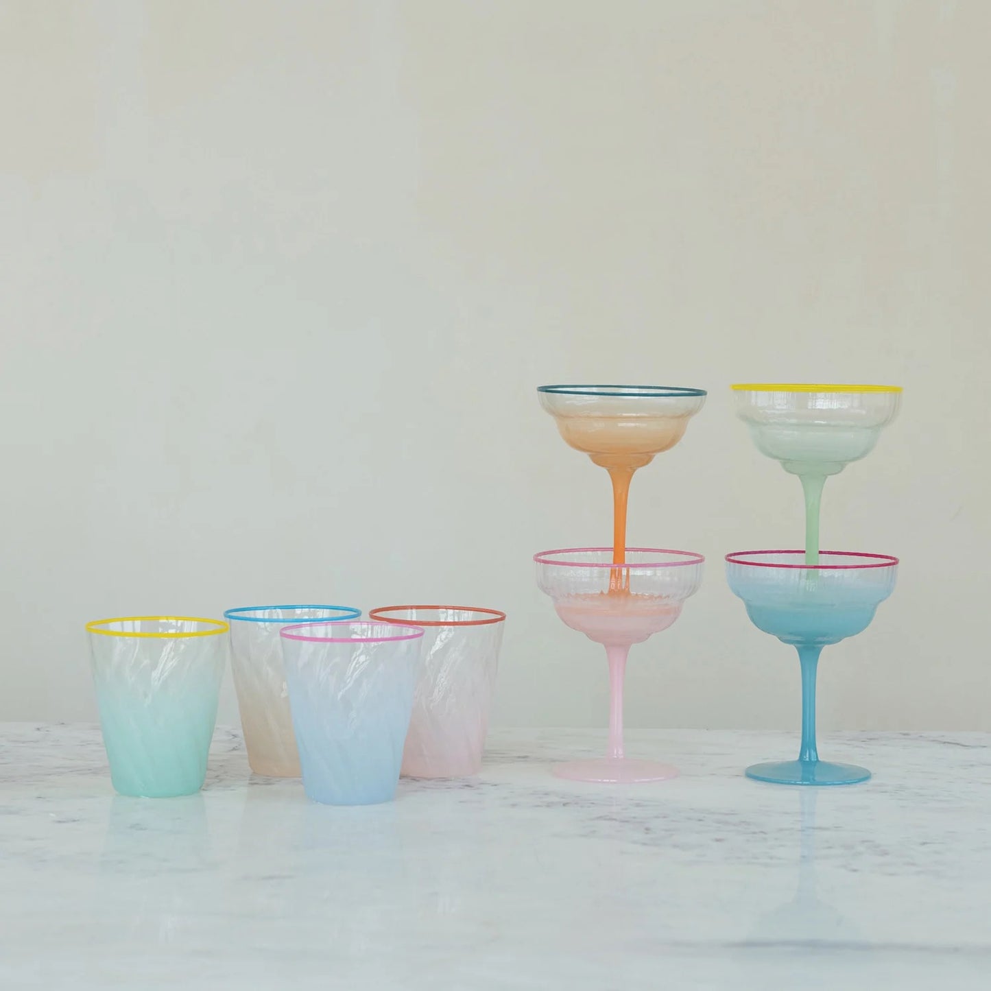 4 oz. Fluted Stemmed Coupe Glass with Colored Rim, 4 Ombre Colors