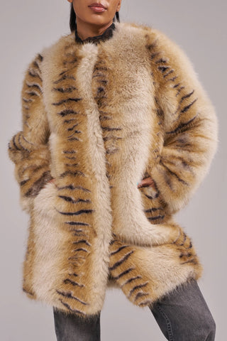 Elle Faux Fur Tiger Striped Cream Coat