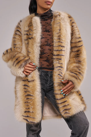 Elle Faux Fur Tiger Striped Cream Coat