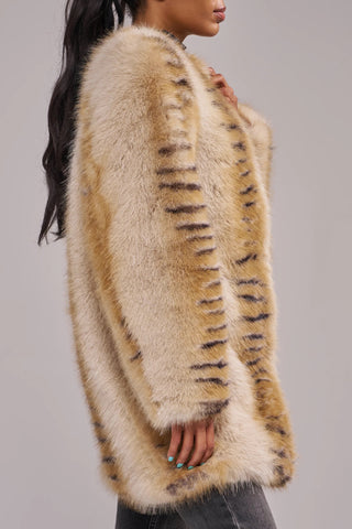 Elle Faux Fur Tiger Striped Cream Coat