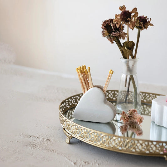 Stoneware Heart Match Holder with Striker, Includes Valentines themed matches