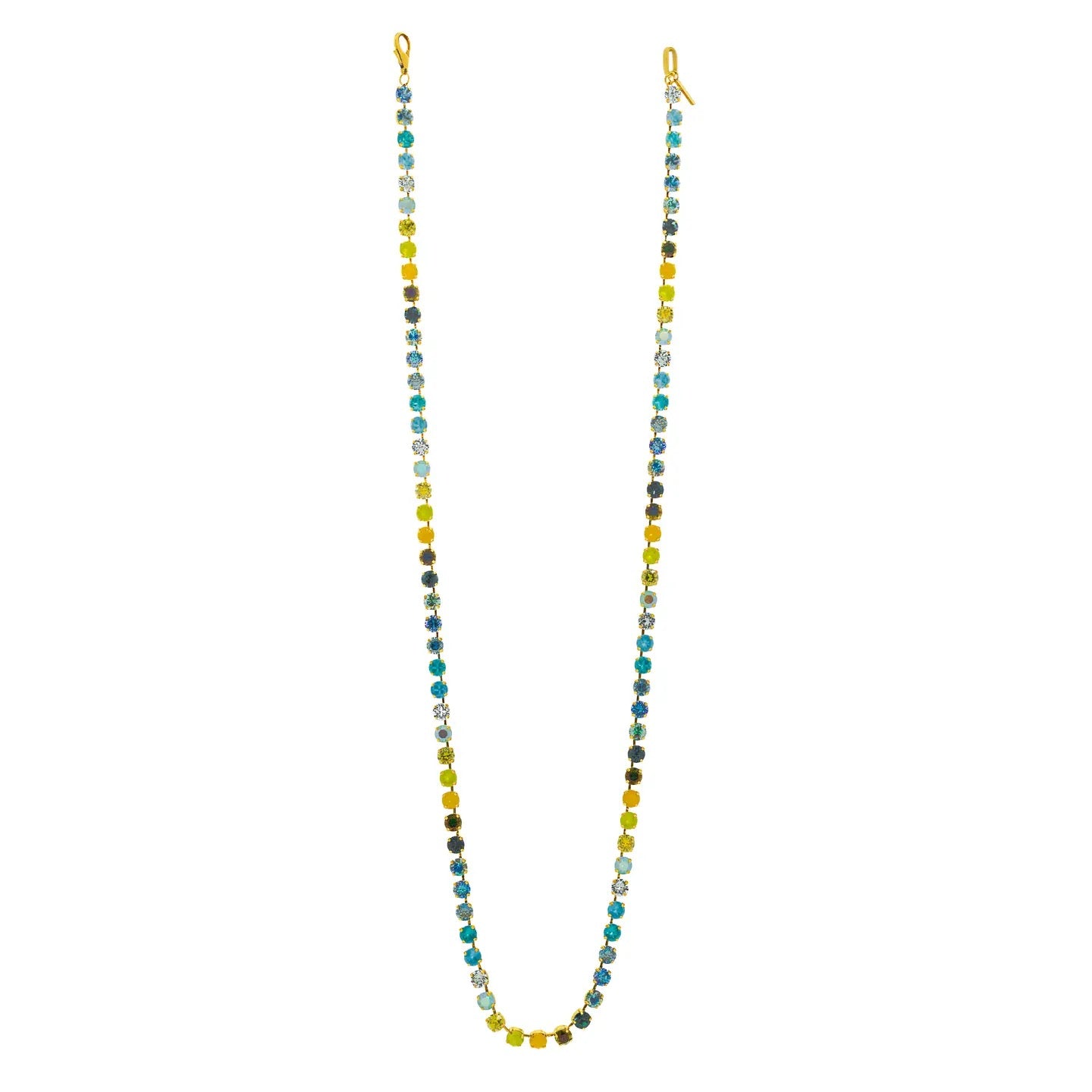 A beaded necklace with alternating strands of yellow, teal blue, dark brown, and clear faceted beads, finished with gold-toned lobster clasps, shown on a plain white background.