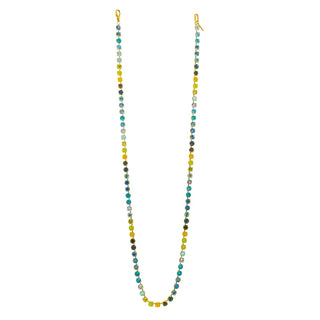 A beaded necklace with alternating strands of yellow, teal blue, dark brown, and clear faceted beads, finished with gold-toned lobster clasps, shown on a plain white background.
