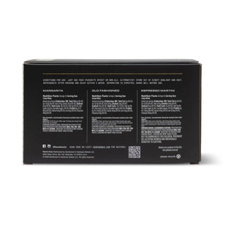The back of a black rectangular product box with printed text, a QR code, and three flavor names in Italian: Marmigata, Old Fashioned, and Espresso Martini, shown on a white background.