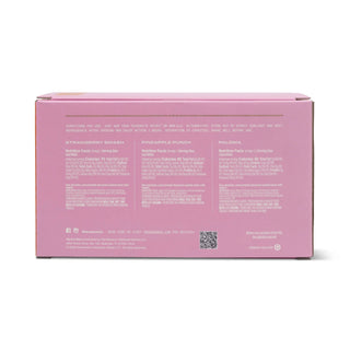 The back of a pink rectangular product box with printed text, a QR code, and three flavor headings: Strawberry Smash, Pineapple Punch, and Maluma, photographed on a white background.