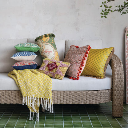 18" Vintage Jacquard & Velvet Throw Pillow with Bullion Fringe