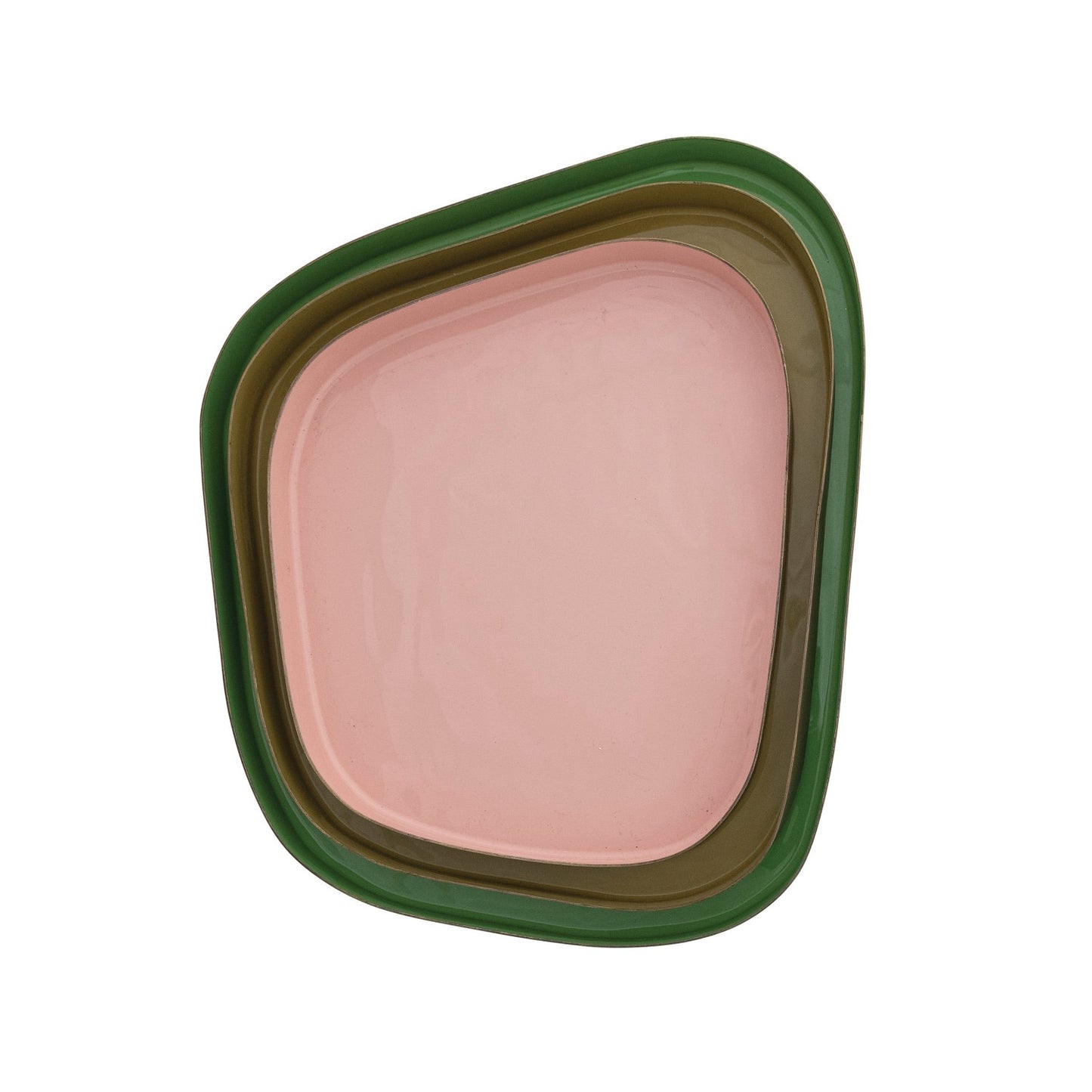 Pink + Green Enameled Metal Organic Shaped Trays, Set of 3