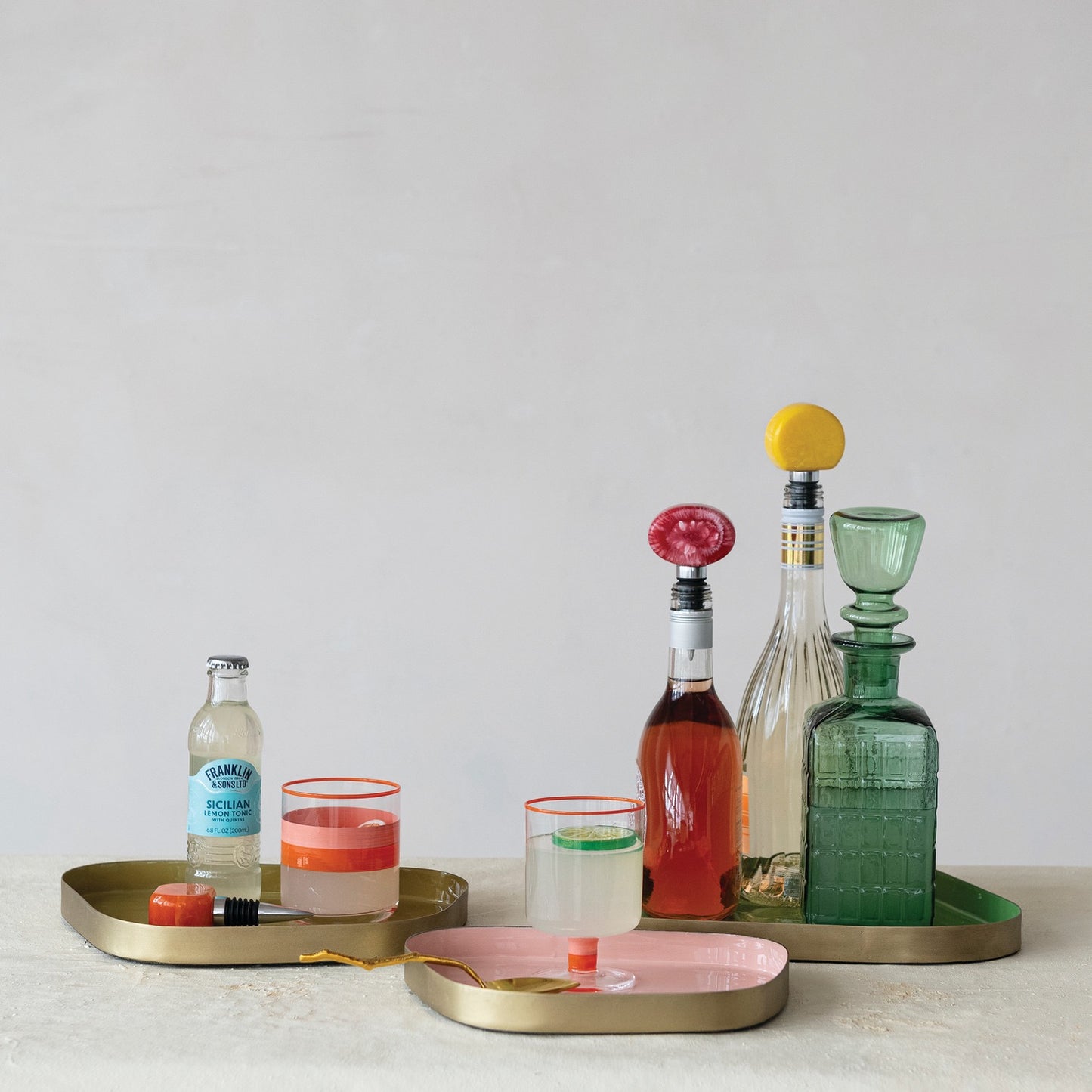 Pink + Green Enameled Metal Organic Shaped Trays, Set of 3