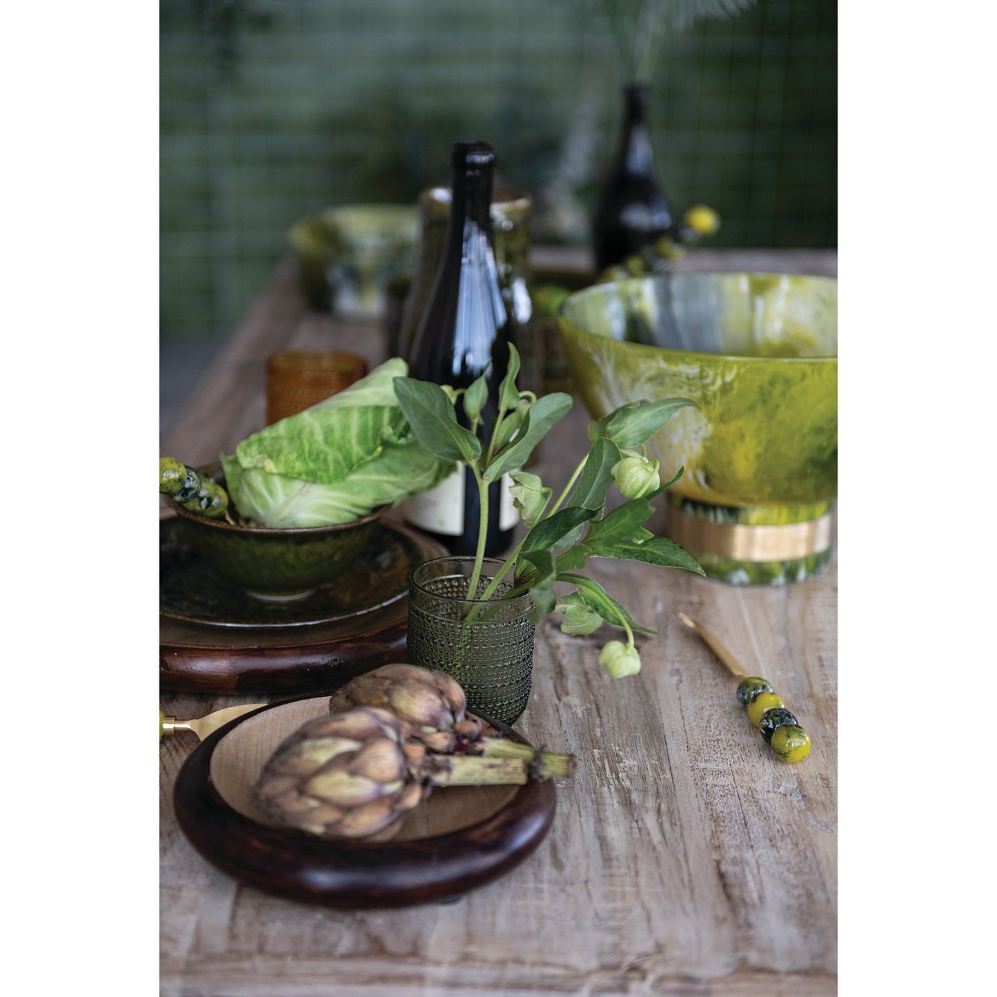 Green Marbled Resin Footed Bowl with Gold Finish Metal Wrap (Each One Will Vary)