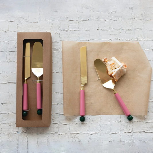 Pink + Green Cake Servers with Resin Handles, Gold Finish