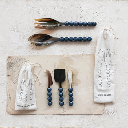 Blue Natural Horn Cheese Knives with Resin Handles, Set of 3 in Bag (Each One Will Vary)