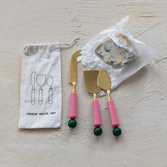 Pink + Green Stainless Steel Cheese Knives with Resin Handles, Gold Finish, Set of 3 in Drawstring Bag