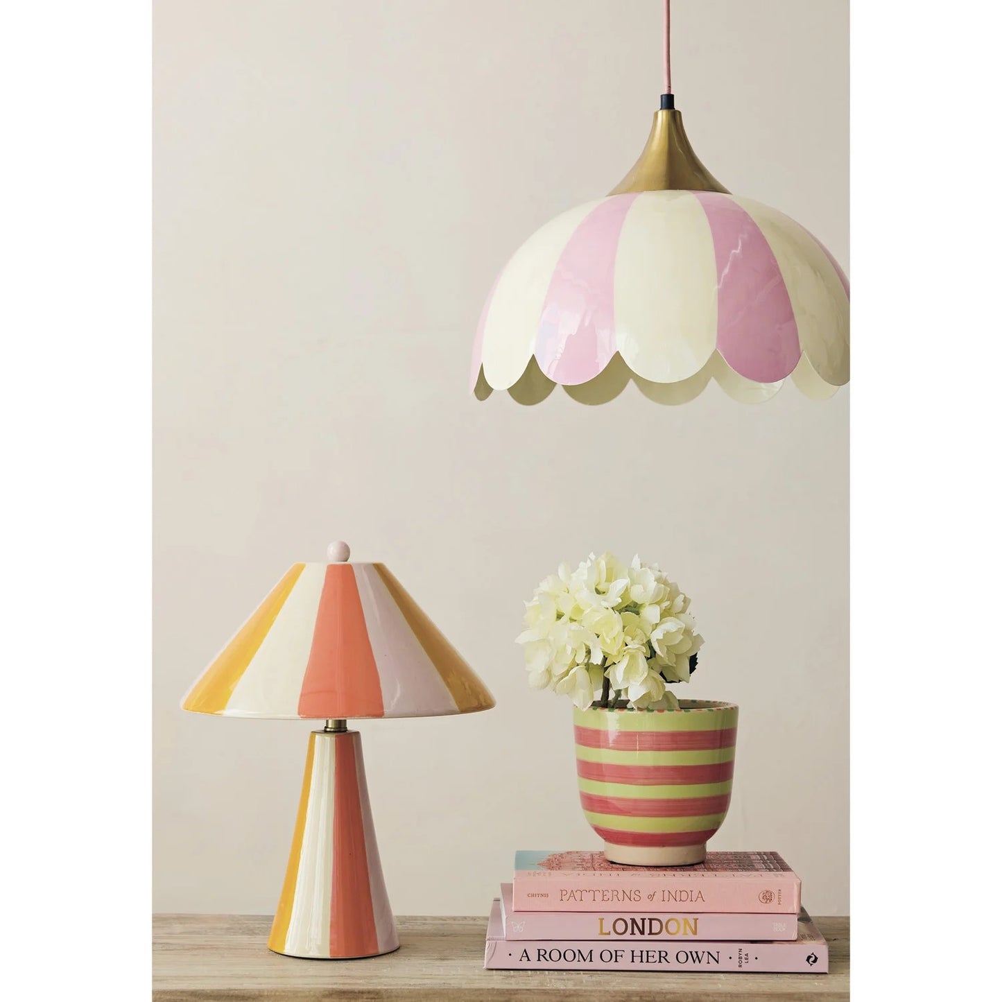 Pink + White Striped Enameled Pendant Lamp, 6' Pink Fabric Cord