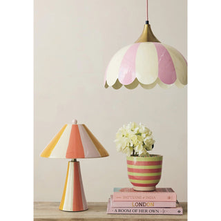 Pink + White Striped Enameled Pendant Lamp, 6' Pink Fabric Cord