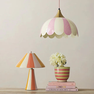 Pink + White Striped Enameled Pendant Lamp, 6' Pink Fabric Cord