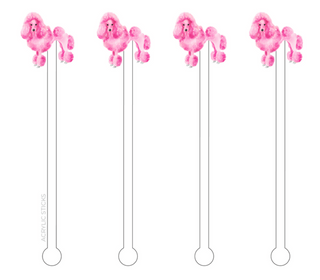 Four pink poodle-shaped stir sticks on a white background