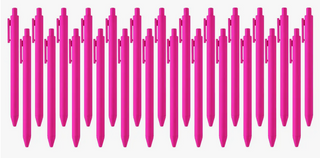 Multiple pink pens arranged in a row on a white background