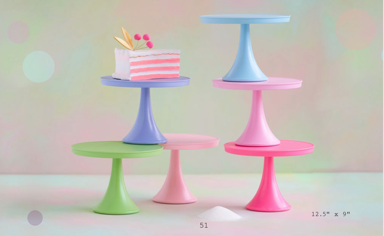 Four pastel-colored pedestal cake stands in green, pink, blue, and light blue, arranged on a soft gradient background with a small cake decoration on one stand. Text at the bottom reads 12.