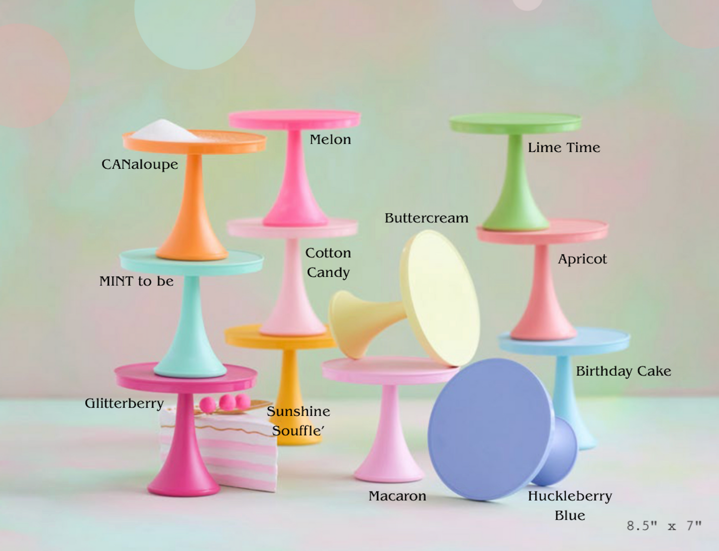 A pastel-colored set of cake stands and small decorative stands, each labeled with a name like Melon, Lime Time, Buttercream, and Huckleberry Blue, arranged on a soft pastel background.