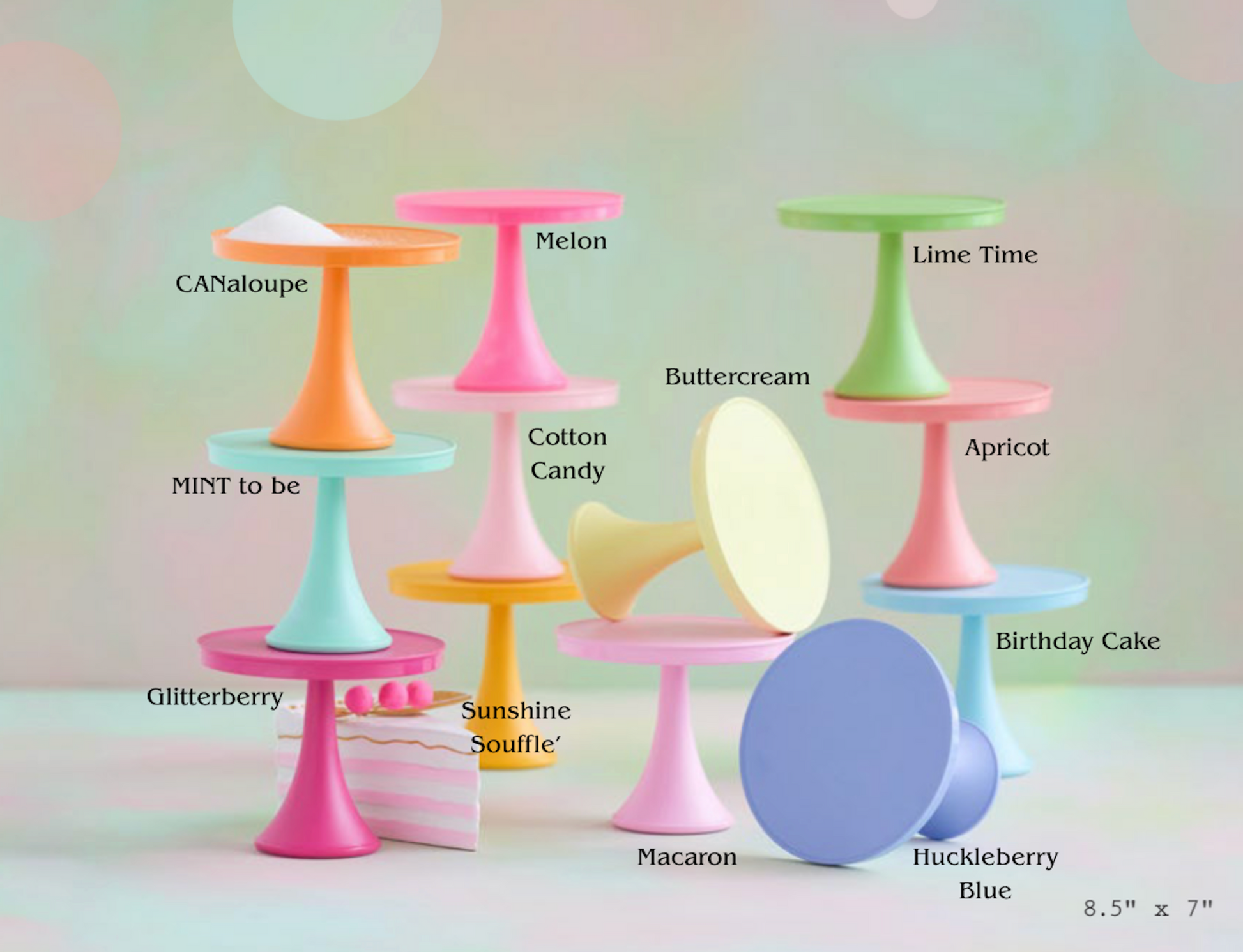 A pastel-colored set of cake stands and small decorative stands, each labeled with a name like Melon, Lime Time, Buttercream, and Huckleberry Blue, arranged on a soft pastel background.