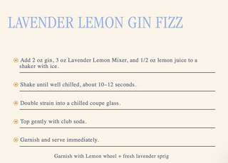 A recipe card titled 'LAVENDER LEMON GIN FIZZ' with blue text on a warm cream background and step-by-step instructions in dark blue with small orange checkmarks.