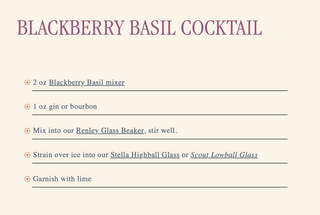 A recipe card for the Blackberry Basil Cocktail on a warm cream background. The title is written in a large, dusty purple serif font at the top, followed by five bullet points detailing the ingredients and preparation steps with underlined text for key terms.