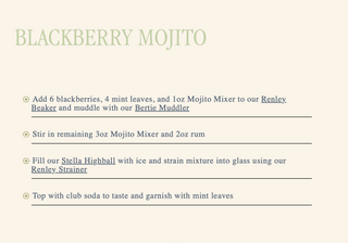 A recipe card for a Blackberry Mojito on a light beige background. The title 'BLACKBERRY MOJITO' is written in a light sage green serif font at the top.