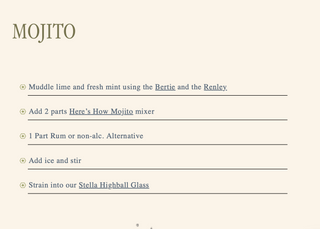 A digital slide titled 'MOJITO' with a list of recipe instructions on a warm cream background. The text mentions using 'the Bertie and the Renley' for muddling lime and mint, adding 'Here's How Mojito' mixer, rum, ice, and straining into a 'Stella Highball Glass'.