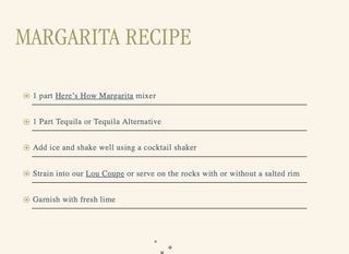 A recipe card titled 'MARGARITA RECIPE' on a warm cream background, listing steps for making a margarita with references to 'Here's How Margarita mixer' and 'Lou Couge'.