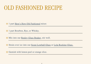A recipe card titled 'OLD FASHIONED RECIPE' in gold lettering on a cream background, listing five steps for making a cocktail with a Here's How Old Fashioned mixer, Bourbon, Rye, or Whisky, in a Renley Glass Beaker, and serving in a Scout Lowball Glass or Lola Rocking Glass.