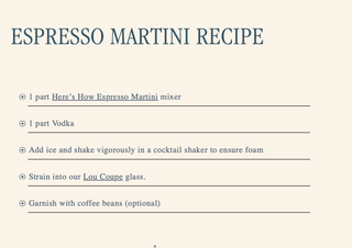 A recipe card titled 'ESPRESSO MARTINI RECIPE' on a warm cream background, listing ingredients and steps including '1 part Here's How Espresso Martini mixer', '1 part Vodka', and instructions to strain into a 'Lou Coupe glass'.
