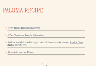 A recipe slide titled 'PALOMA RECIPE' in orange-red text on a warm cream background, with bullet points describing ingredients and preparation steps including 'Here's How Paloma mixer,' 'Tequila or Tequila Alternative,' 'Renley Glass Beaker,' and 'Lou Coupe.'.