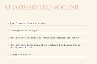 A recipe-style graphic for a strawberry lime mocktail on a warm cream background. The title reads “STRAWBERRY LIME MOCKTAIL” in large peach text, followed by five bullet points with drink preparation instructions and ingredient references.