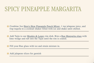 A recipe card titled 'SPICY PINEAPPLE MARGARITA' with olive green text on a light beige background, listing four bullet points of preparation and garnish instructions.