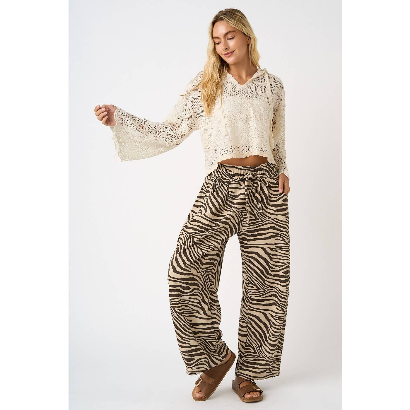 ZEBRA PRINT PULL-ON BARREL LEG PANTS: BLACK/TAN