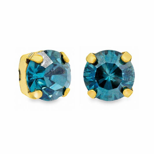 Pair of blue gemstone stud earrings with gold accents on a white background